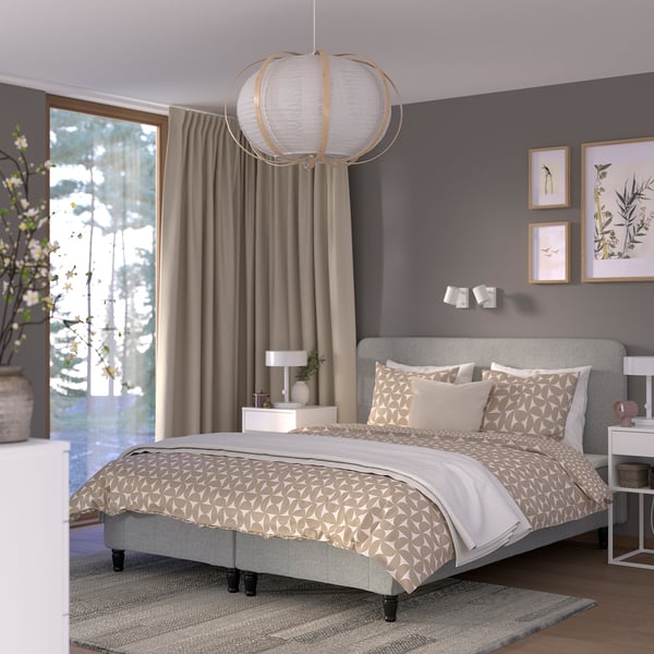 RENFJÄLLET Pocket spring mattress base, incl leg, mattress pad and headboar medium firm/Tibbleby beige/grey Näsfjället, 180x200 cm