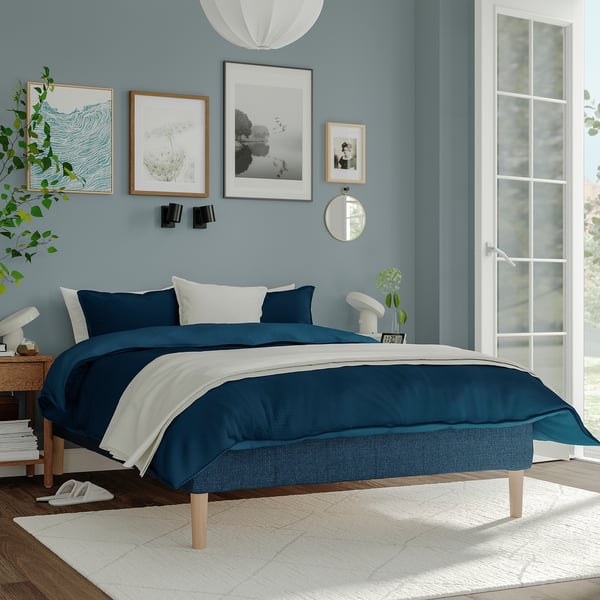 RENFJÄLLET Pocket spring mattress base, incl leg medium firm/Kilanda dark blue, 120x200 cm
