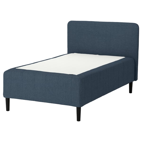 RISHÖJDEN Pocket spring mattress bse, 7 zones, incl leg and headboard firm/Kilanda dark blue, 140x200 cm