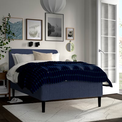 RISHÖJDEN Pocket spring mattress bse, 7 zones, incl leg and headboard firm/Kilanda dark blue, 140x200 cm