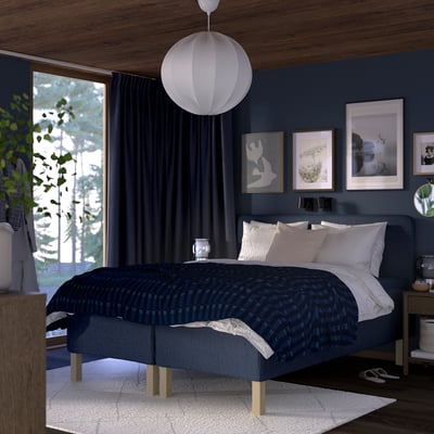 RISHÖJDEN Pocket spring mattress bse, 7 zones, incl leg and headboard medium firm/Kilanda dark blue, 180x200 cm