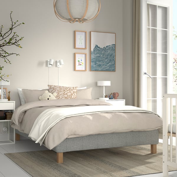 RISHÖJDEN Pocket spring mattress bse, 7 zones, incl leg and mattress pad medium firm/Tibbleby beige/grey Norrsele, 140x200 cm