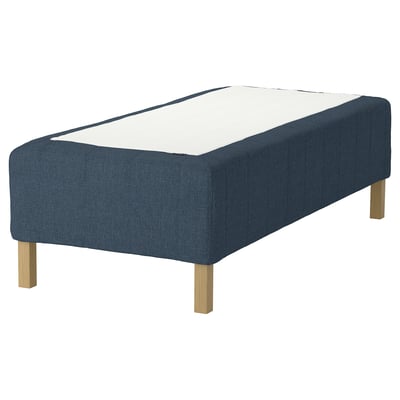 This image a blue RISHÖJDEN mattress with a rectangular shape, supported by wooden legs, and a white top.