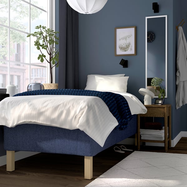 RISHÖJDEN Pocket spring mattress bse, 7 zones, incl leg medium firm/Kilanda dark blue, 80x200 cm