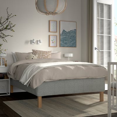 RISHÖJDEN bed, gray-white, minimalist frame, decorative pillows & art.