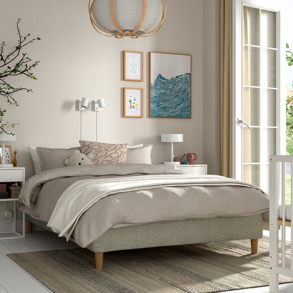 RISHÖJDEN Pocket spring mattress bse, 7 zones, incl leg medium firm/Tibbleby beige/grey, 140x200 cm