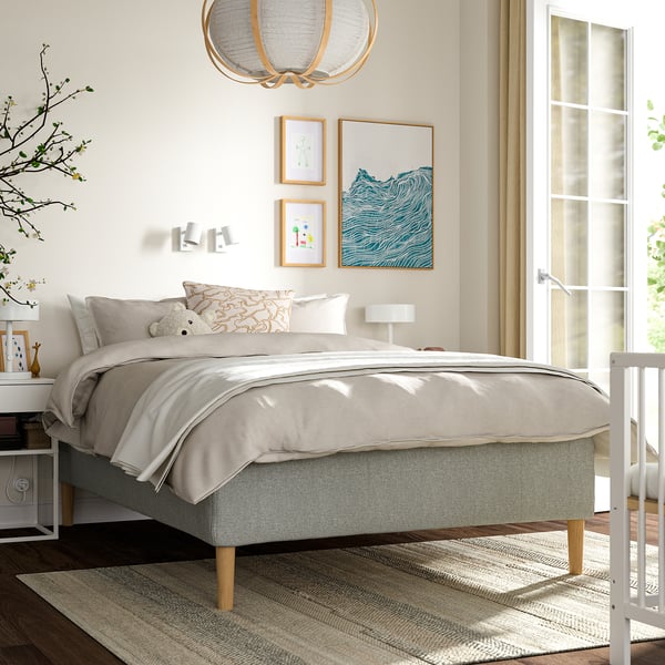 RISHÖJDEN Pocket spring mattress bse, 7 zones, incl leg medium firm/Tibbleby beige/grey, 120x200 cm
