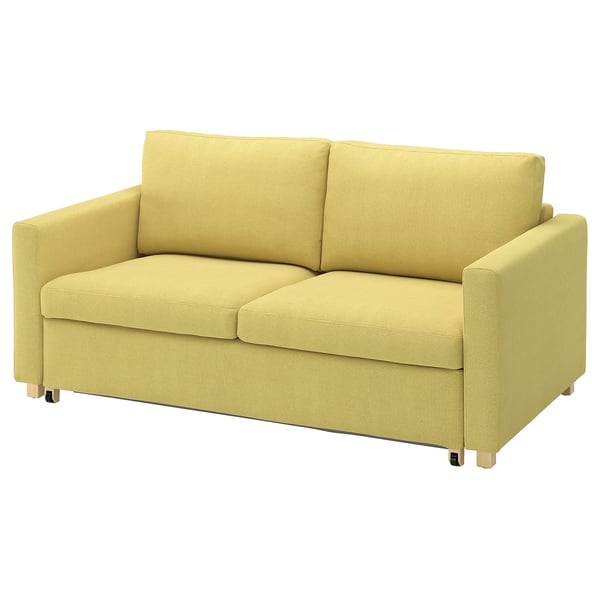Bright yellow convertible sofa with wooden legs, simple and modern design.