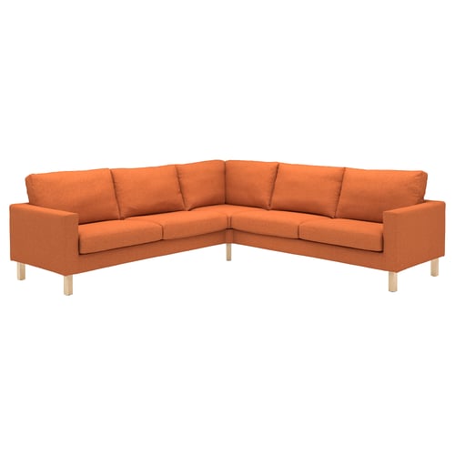 The SALTSJÖBADEN sectional sofa is a vibrant orange, modern l-shape with wooden legs, sleek lines, and plush cushions.