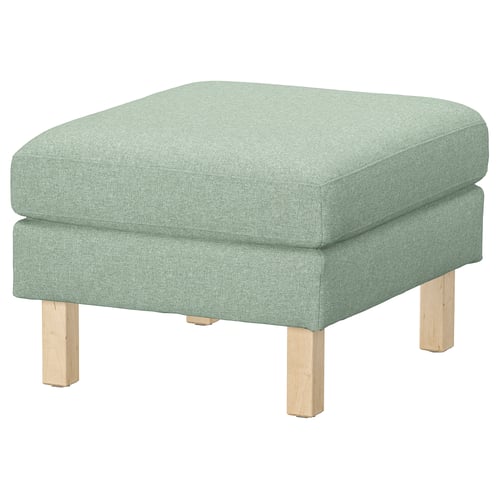 SALTSJÖBADEN light green ottoman, square, soft fabric on wooden legs.