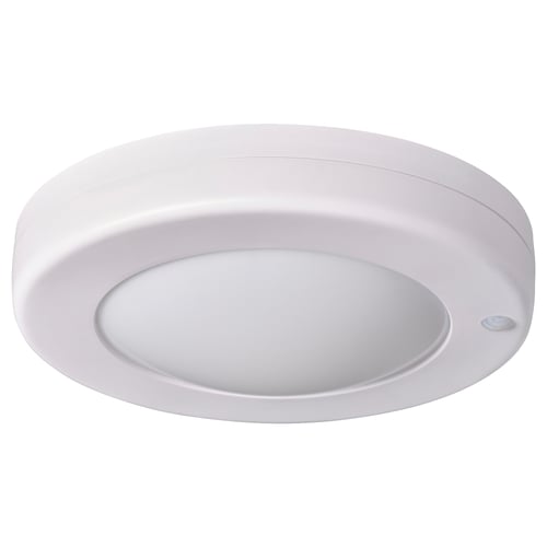 White round SJÖNÖT motion-sensor ceiling light with sleek design.