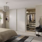 SKYTTA / BOAXEL Walk-in wardrobe with sliding doors, white/Tjörhom white, 301x115x240 cm
