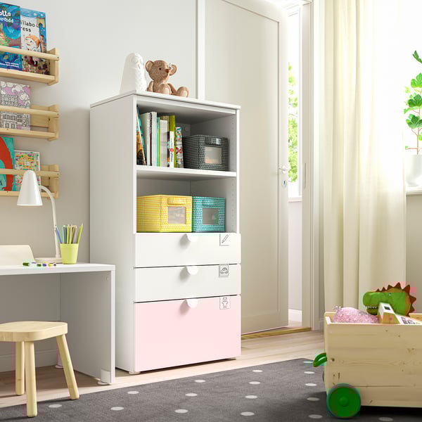 SMÅSTAD / PLATSA Bookcase, white pale pink/with 3 drawers, 60x42x123 cm
