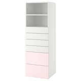 SMÅSTAD / PLATSA Bookcase, white pale pink/with 6 drawers, 60x57x181 cm