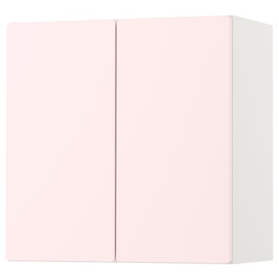 A SMÅSTAD cabinet in light pink, rectangular shape with soft-closing doors, made of recycled materials.