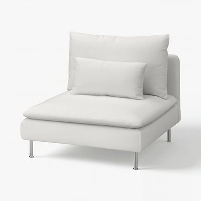 Modern white leather chair with chrome legs, rectangular seat & back cushions, clean sleek design.