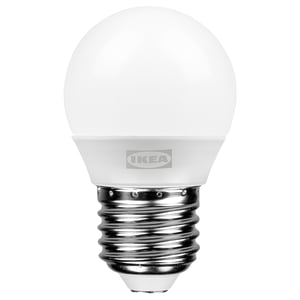 Ikea SOLHETTA bulb, white, spherical shape, durable plastic cover.