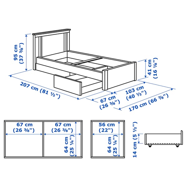 SONGESAND Bed frame with 2 storage boxes, white, 90x200 cm