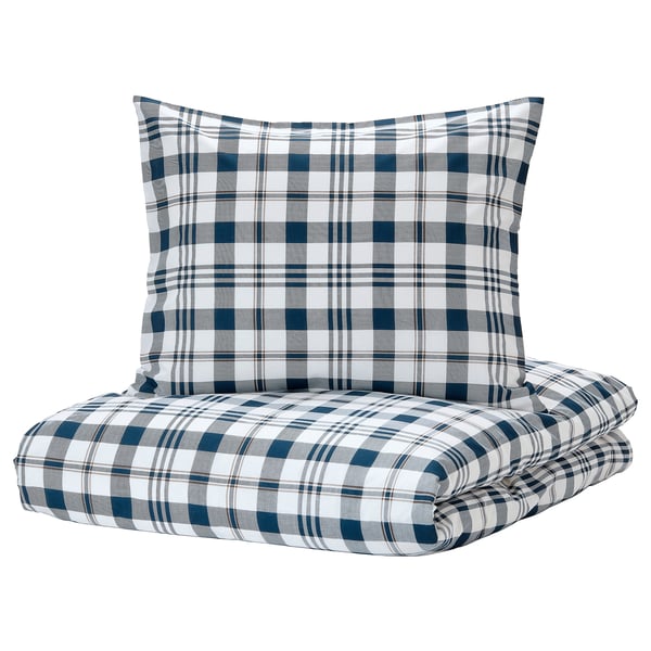 SPIKVALLMO Duvet cover and pillowcase, white blue/check, 150x220/50x60 cm