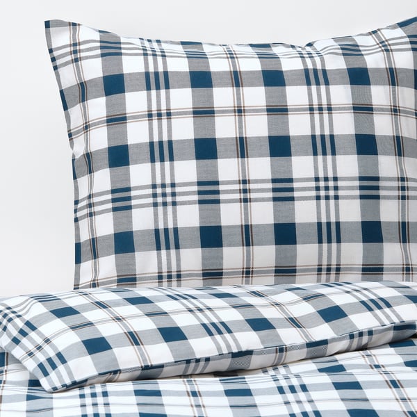 SPIKVALLMO Duvet cover and pillowcase, white blue/check, 150x220/50x60 cm