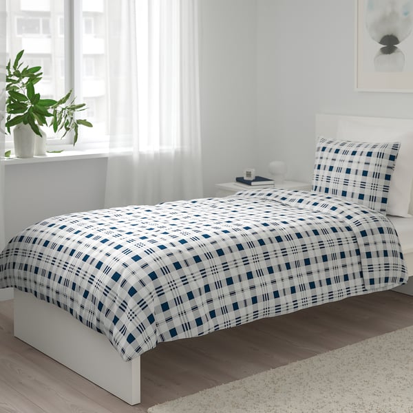 SPIKVALLMO Duvet cover and pillowcase, white blue/check, 150x220/50x60 cm