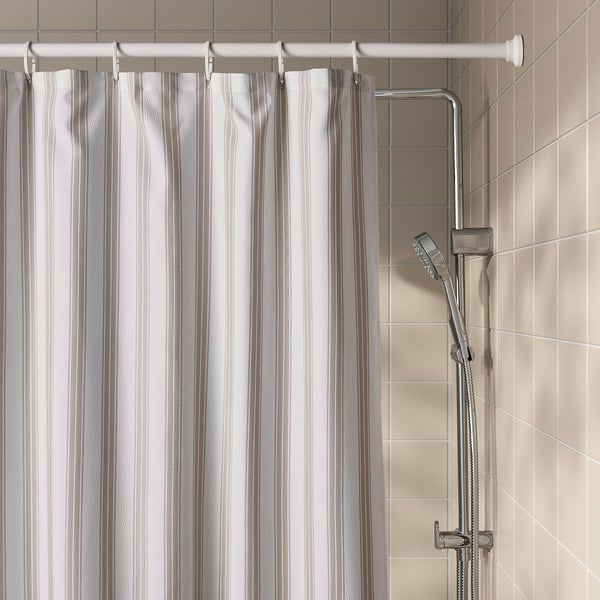 STAVBJÖRNBÄR Shower curtain, beige/white, 180x200 cm