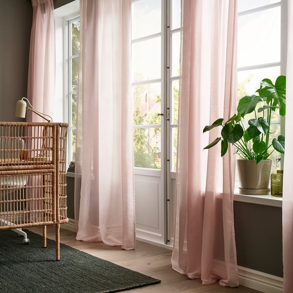 STENFRÖ Sheer curtains, 1 pair, pink/with heading tape, 145x300 cm