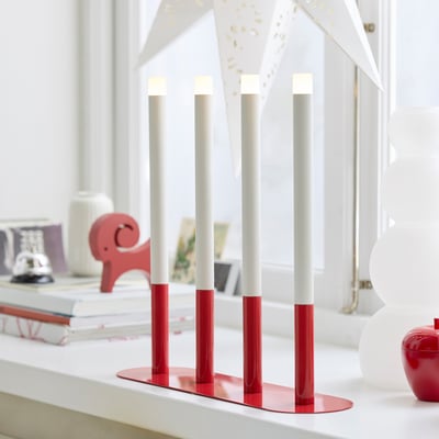 STRÅLA LED candelabra, candle-shaped battery-operated/red