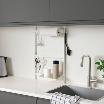 SUNNERSTA Kitchen organiser set, no drill/shlf/kit roll hldr/hook