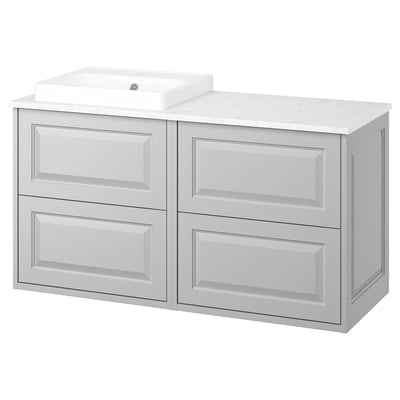 Elegant light grey bathroom vanity, featuring bevelled panels, ceramic sink, and ample storage. Wall-mounted design for spacious feel.