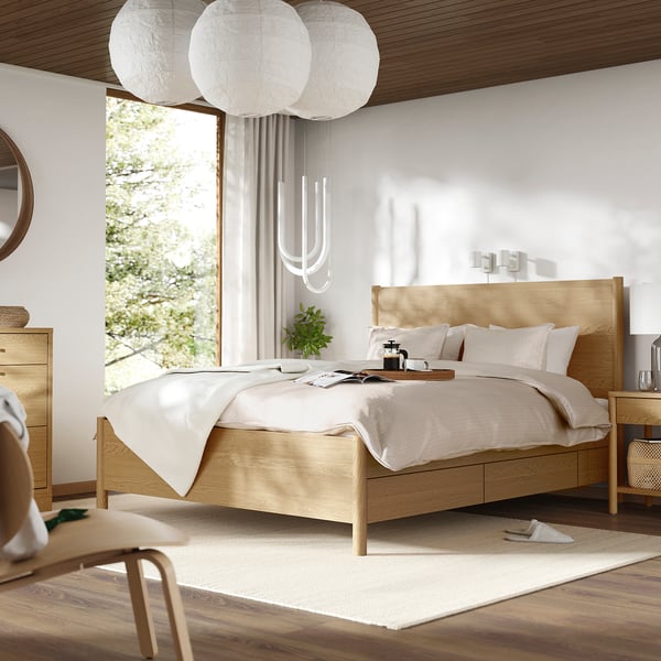 TONSTAD Bed frame with storage, oak veneer/Luröy, 180x200 cm