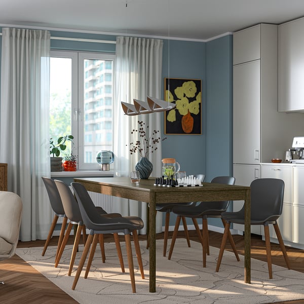 TONSTAD / GRÖNSTA Table and 6 chairs, brown stained oak veneer/grey, 200x85 cm