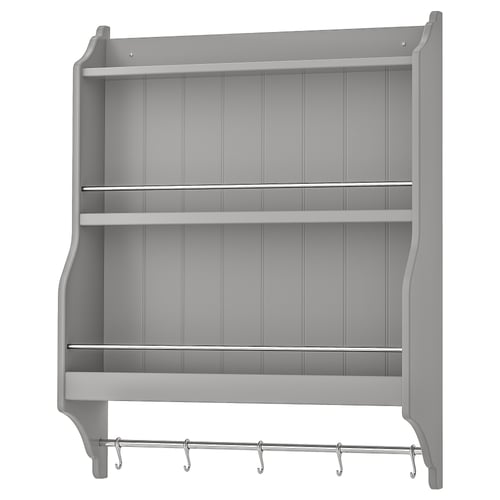 A grey TORNVIKEN wall-mounted shelf made of acrylic-painted fiberboard with nickel-plated hooks and rods, designed for easy access and organisation.