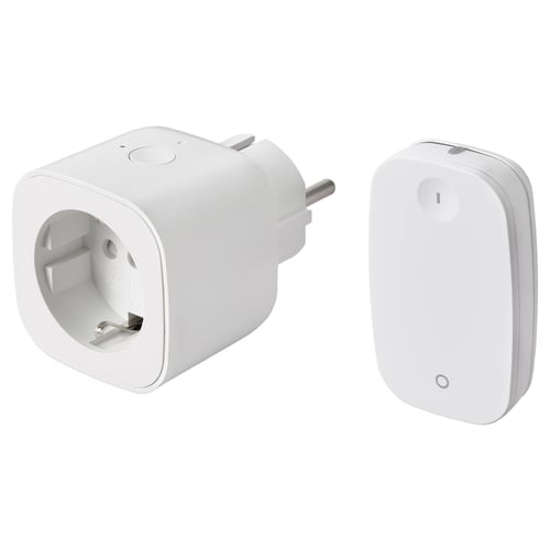 Two white smart plug and remote control devices by IKEA, one with a power outlet, the other with an on/off button.
