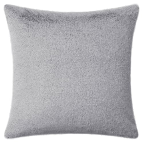 A soft grey square throw pillow with a fluffy texture, made of recycled materials.