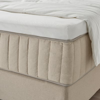 Depicts a white ULLVIDE fitted sheet. Its rectangular, with elastic edging, and made of a cotton and lyocell blend.