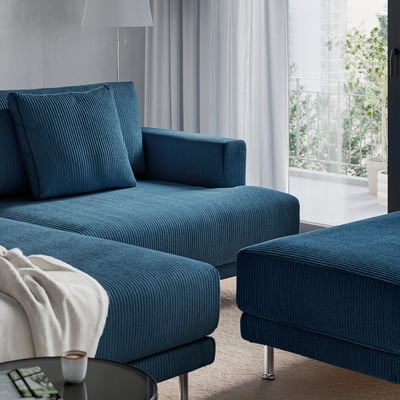 UPPÅKRA 3-seat modular sofa, with chaise longue, left with footstool/Samsala dark blue