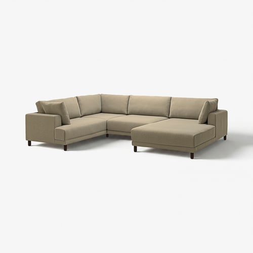 UPPÅKRA beige sectional sofa with chaise, modern design, thick cushions, wooden legs.
