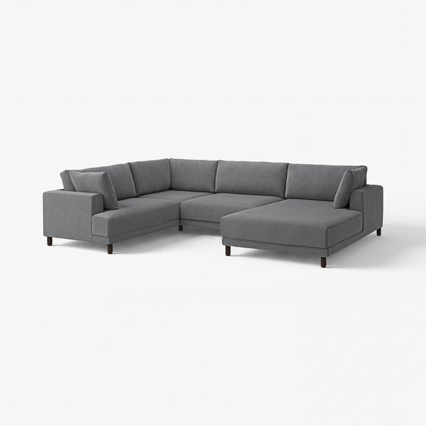 Modern grey UPPÅKRA l-shaped sectional sofa with wooden legs and boxy design.