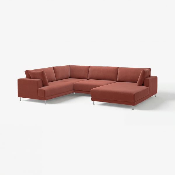 UPPÅKRA sofa, red, modern l-shape, textured fabric, chrome legs.