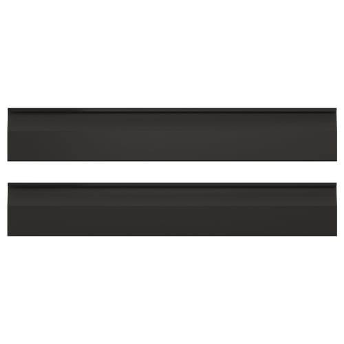 Two sleek, black rectangular kitchen cabinet fronts with chamfered edges and integrated handles.