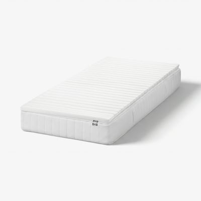 IKEA VÅLFJÄLLET white rolled mattress with recycled polyester, rectangular shape, and visible stitching.