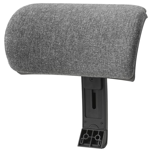 Grey office chair headrest, adjustable, upholstered in fabric, attached to black plastic base.