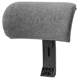 Grey office chair headrest, adjustable, upholstered in fabric, attached to black plastic base.