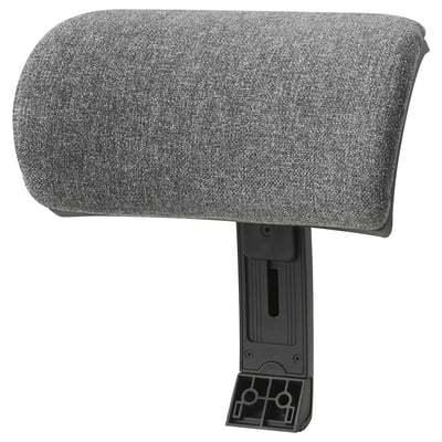Grey office chair headrest, adjustable, upholstered in fabric, attached to black plastic base.