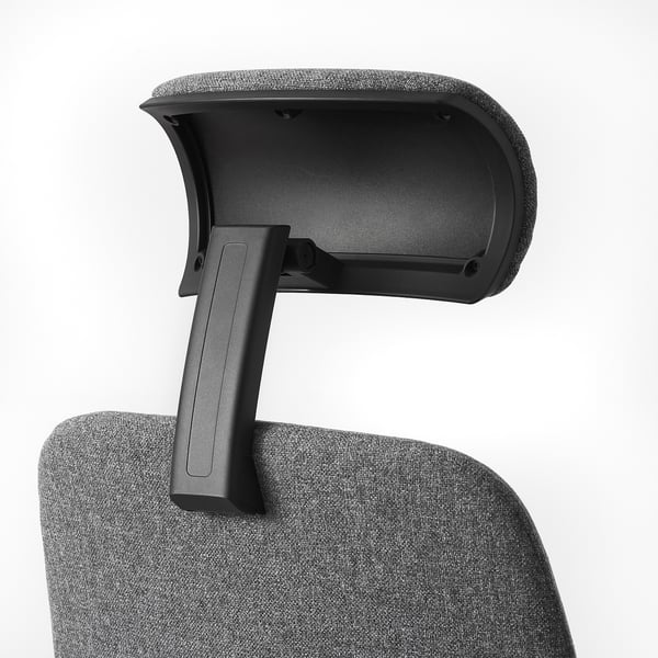 Adjustable office chair headrest, showing black plastic and grey fabric, designed for neck support.