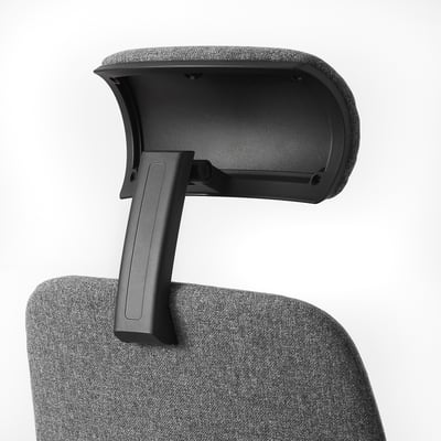 Adjustable office chair headrest, showing black plastic and grey fabric, designed for neck support.