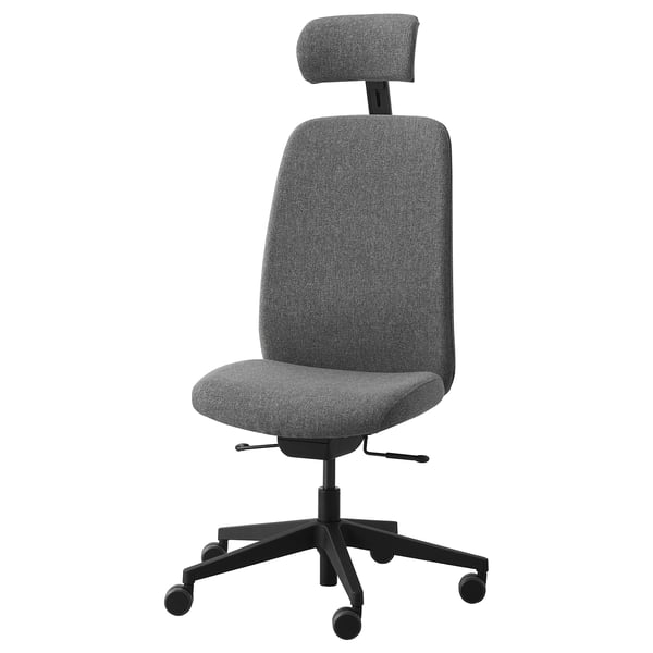 Grey adjustable office chair with headrest, five wheels, and black frame.