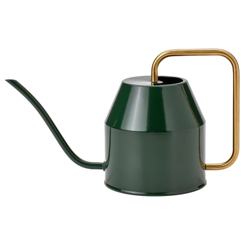 A green VATTENKRASSE watering can. It a metallic body with a brass handle and long spout for precise watering. Rust-resistant, stylish for home decor.