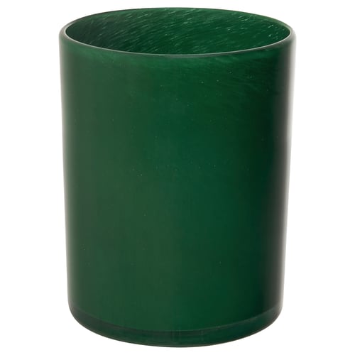 Green glass candle holder, handcrafted, decorative patterns